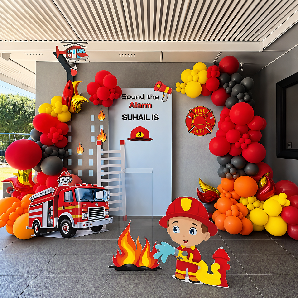 Firefighter Theme Birthday Balloon Decoration